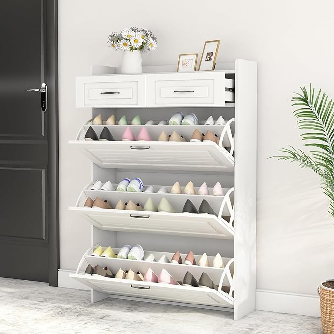 Shoe Organizer Cabinet with 3 Doors and 2 Drawers