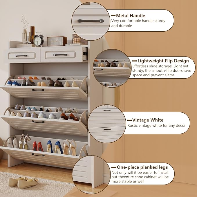Shoe Organizer Cabinet with 3 Doors and 2 Drawers